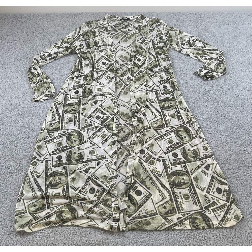 Ups & Downs Kimono Top‎ Womens Large Green Money Dollar Print Duster Cardigan